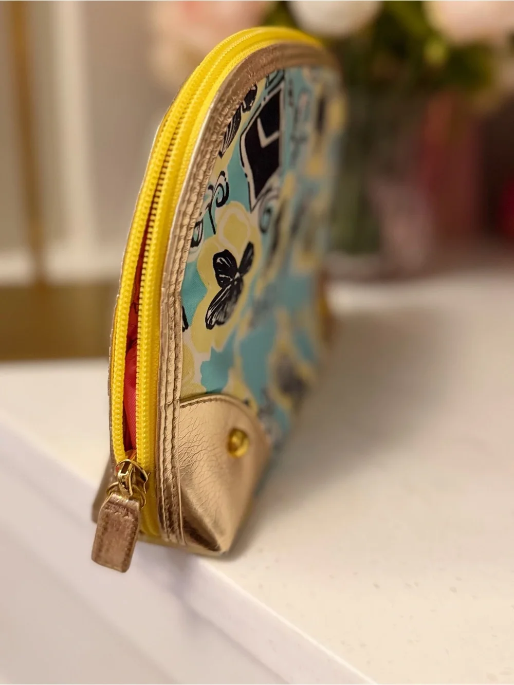 Lilly Pulitzer Turquoise Floral Cosmetic Pouch with Gold Accents